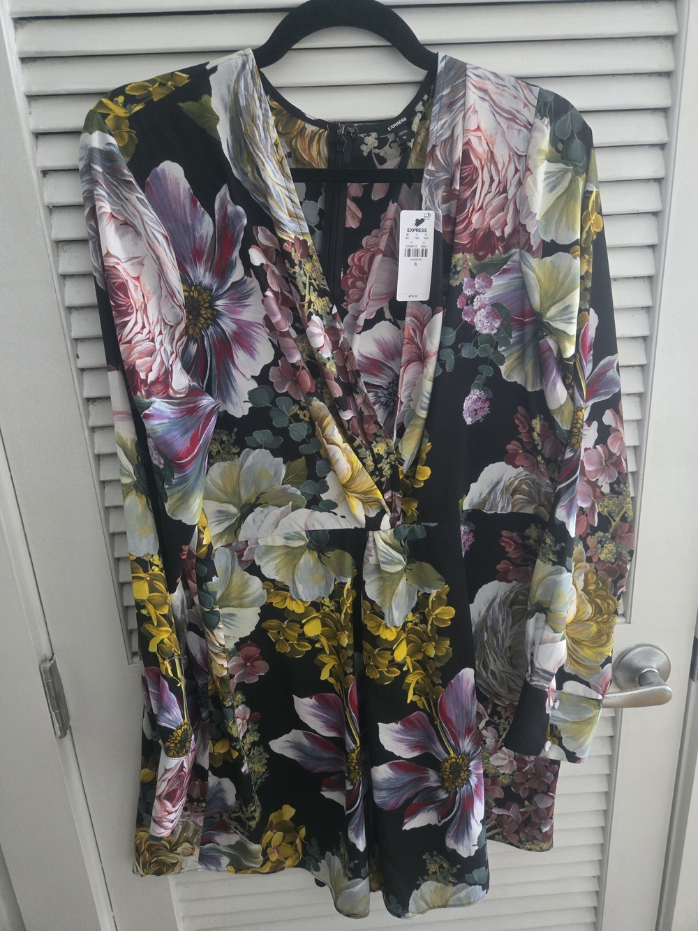 Express Black Floral V-Neck Shorts  with Pink and Yellow Blooms- One Piece